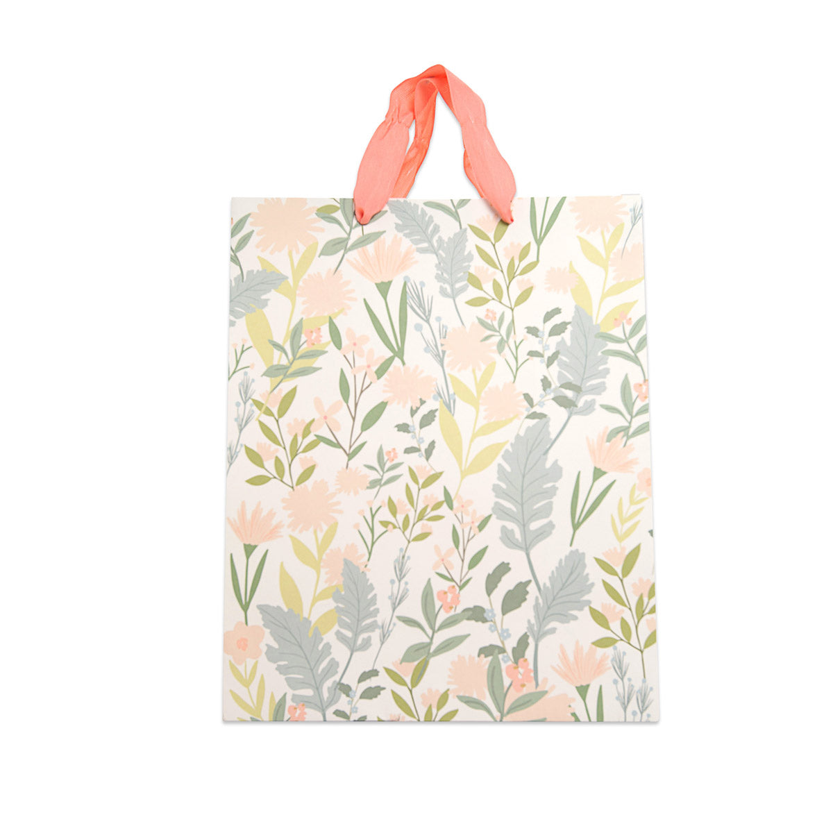A square gift bag with a delicate botanical pattern of pink flowers and green leaves on a cream background, featuring two coral-pink ribbon handles, shown against a plain white background.
