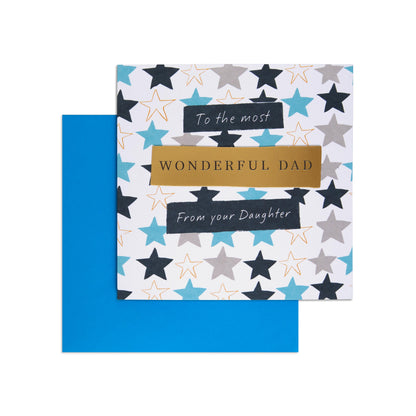 Hallmark Father's Day Card - The Most Wonderful Dad with star pattern and blue envelope in flat lay view.