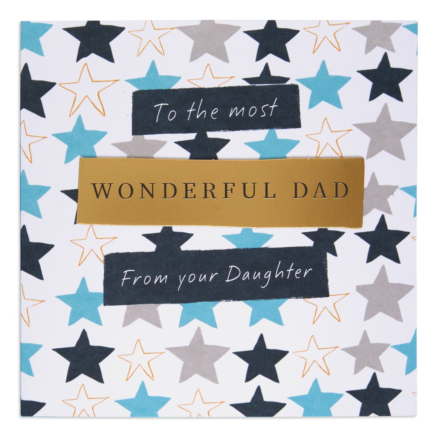 Hallmark Father's Day Card - The Most Wonderful Dad with star pattern design and gold foil text, flat lay view.