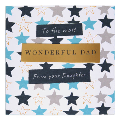 Hallmark Father's Day Card - The Most Wonderful Dad with star pattern design and gold foil text, flat lay view.