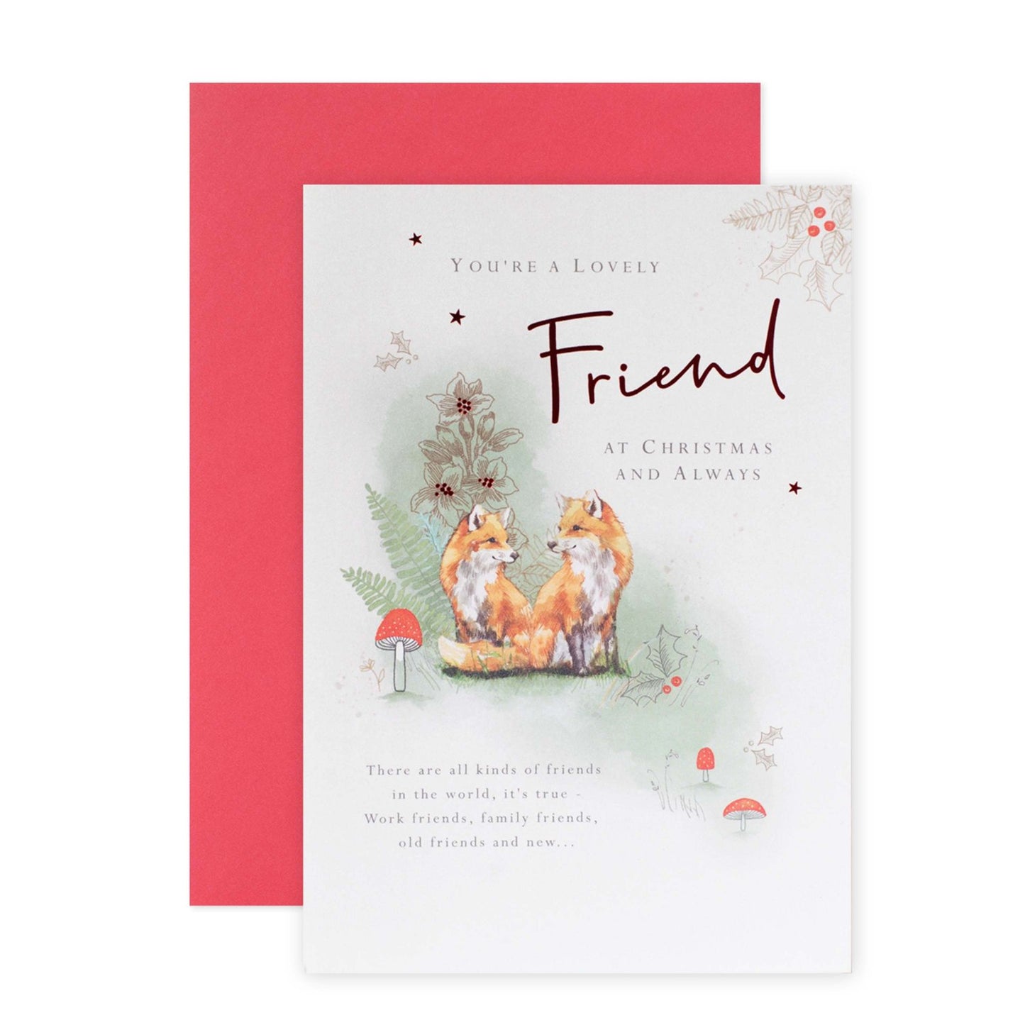 Hallmark Christmas Card For Friend - Woodland Foxes featuring red foil detail and illustration of two foxes in a forest.