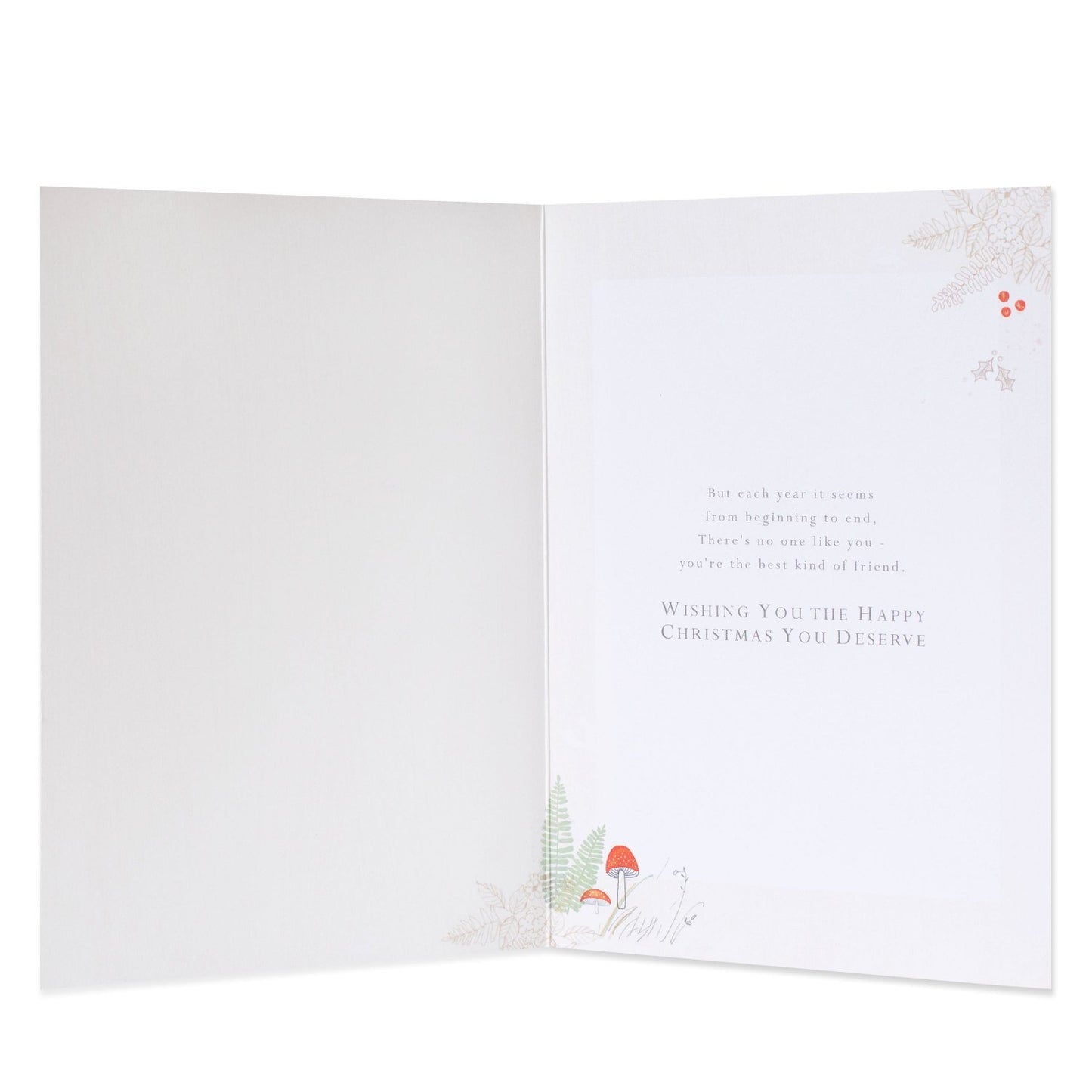 Hallmark Christmas Card For Friend - Woodland Foxes, open view, featuring warm holiday message and delicate illustrations of foliage and mushrooms.