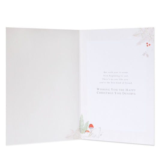Hallmark Christmas Card For Friend - Woodland Foxes, open view, featuring warm holiday message and delicate illustrations of foliage and mushrooms.