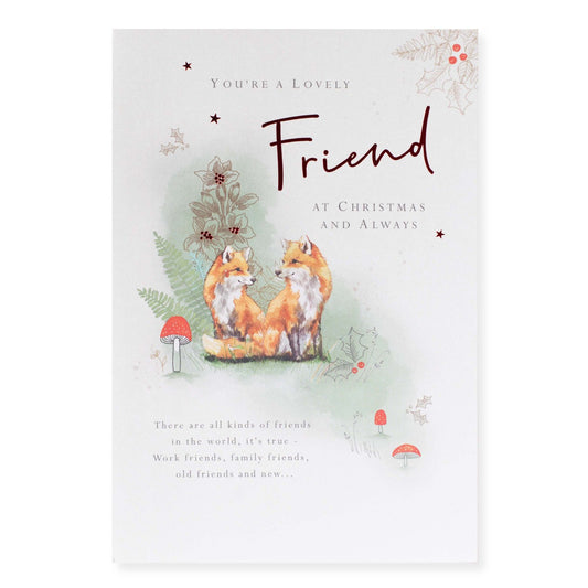 Hallmark Christmas card for friend - woodland foxes featuring two foxes in a forest with mushrooms and red foil highlights.