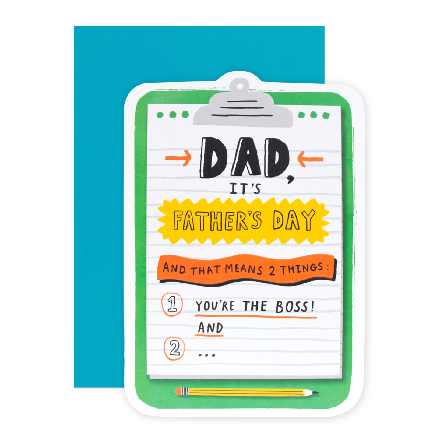 Hallmark Father's Day Card - The Boss, colourful notepad design with pencil illustration on clipboard, flat lay view