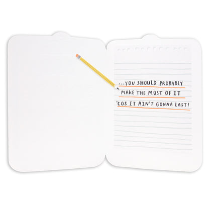 Hallmark Father's Day Card - The Boss, open view, featuring handwritten message and pencil on lined notepad design.