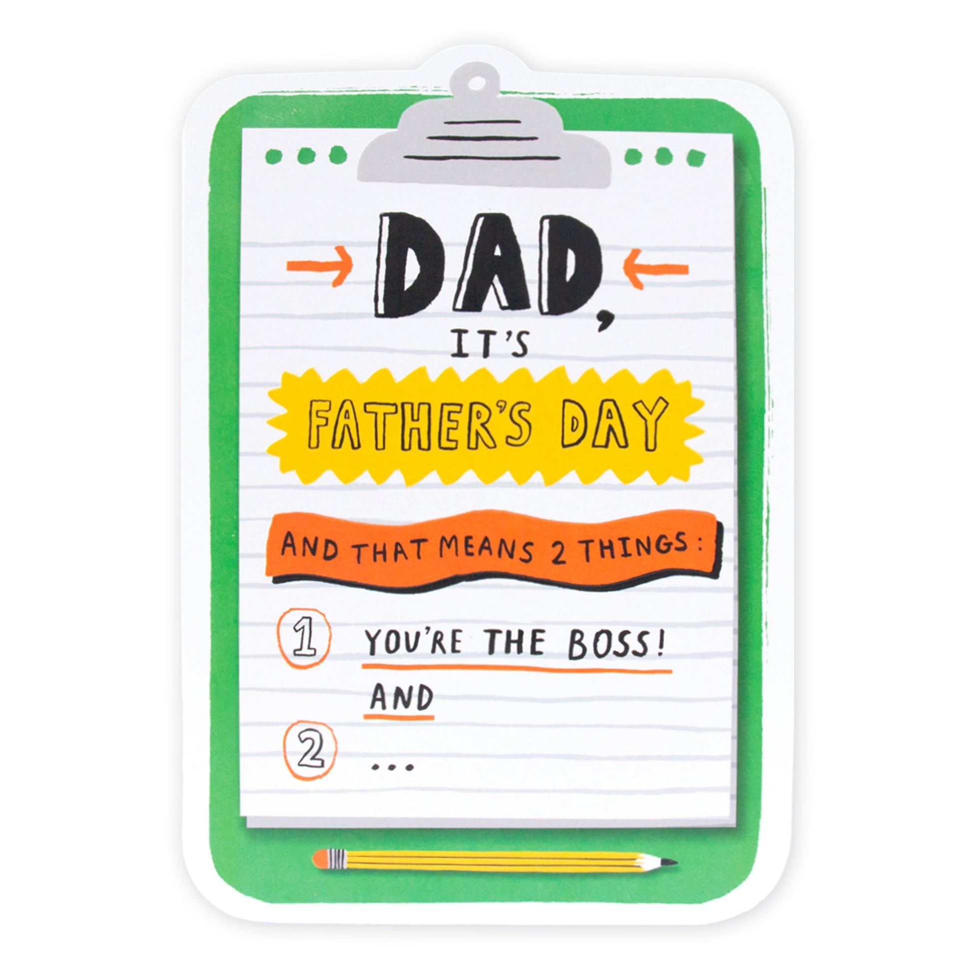 Hallmark Father's Day Card - The Boss with colourful illustration of notepad detail and green clipboard design.