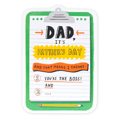 Hallmark Father's Day Card - The Boss with colourful illustration of notepad detail and green clipboard design.