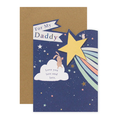 Hallmark Father's Day Card - Look Up To You with embossed bunny, star, and rainbow elements on a night sky background.