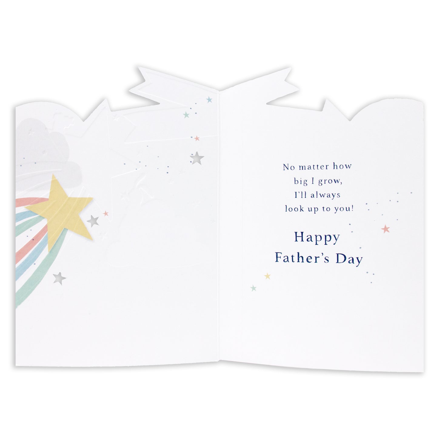 Hallmark Father's Day Card - Look Up To You, interior view with colourful cloud and star illustrations, featuring a heartfelt message.