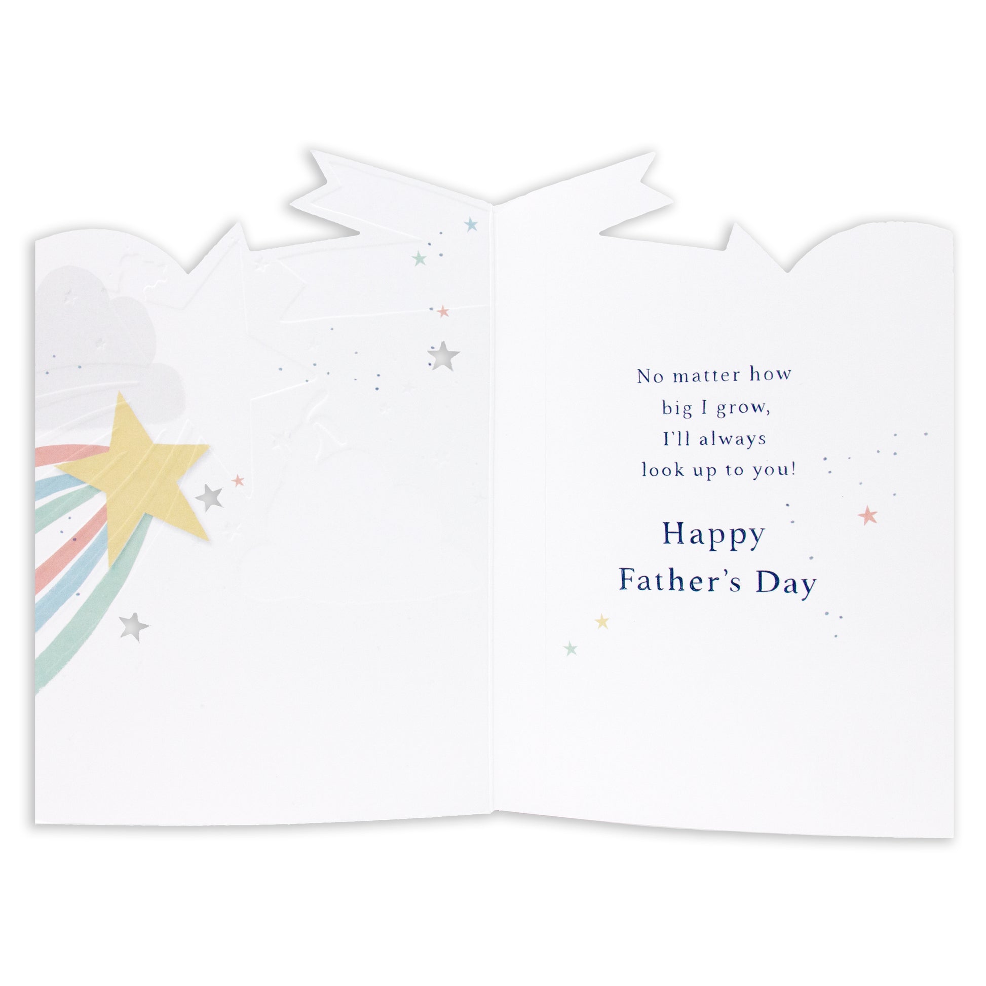 Hallmark Father's Day Card - Look Up To You, interior view with colourful cloud and star illustrations, featuring a heartfelt message.