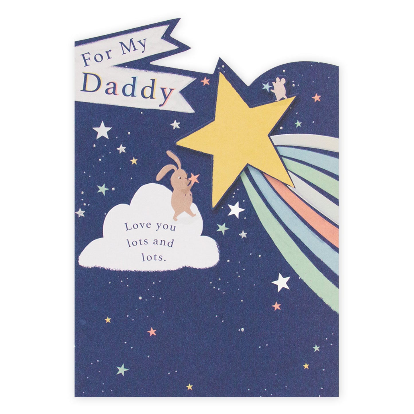 Hallmark Father's Day Card - Look Up To You featuring a rabbit and mouse on a cloud with stars, embossed star details and holographic highlights.
