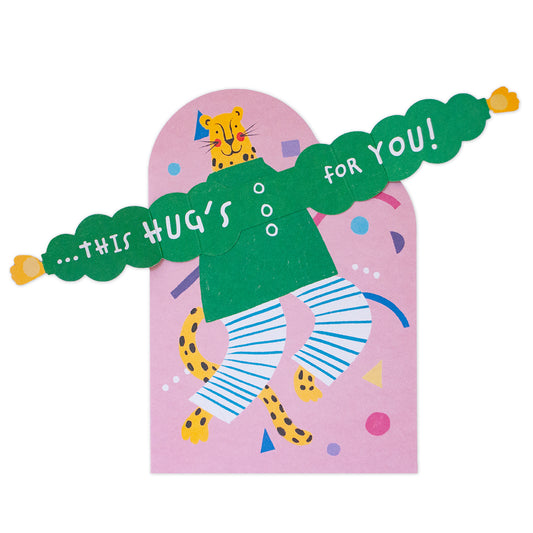 Hallmark Mother's Day Card - Hugs For You! featuring a cheerful leopard design with 3D fold-out arms against a colourful geometric background.