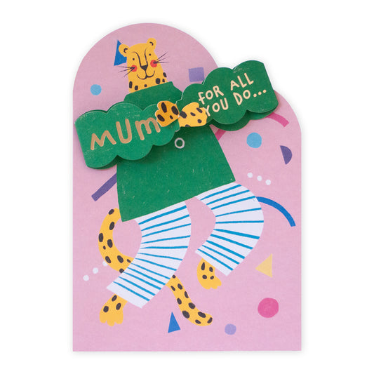 Hallmark Mother's Day Card - Hugs For You! features a vibrant leopard illustration with fold-out hands on a pink background.