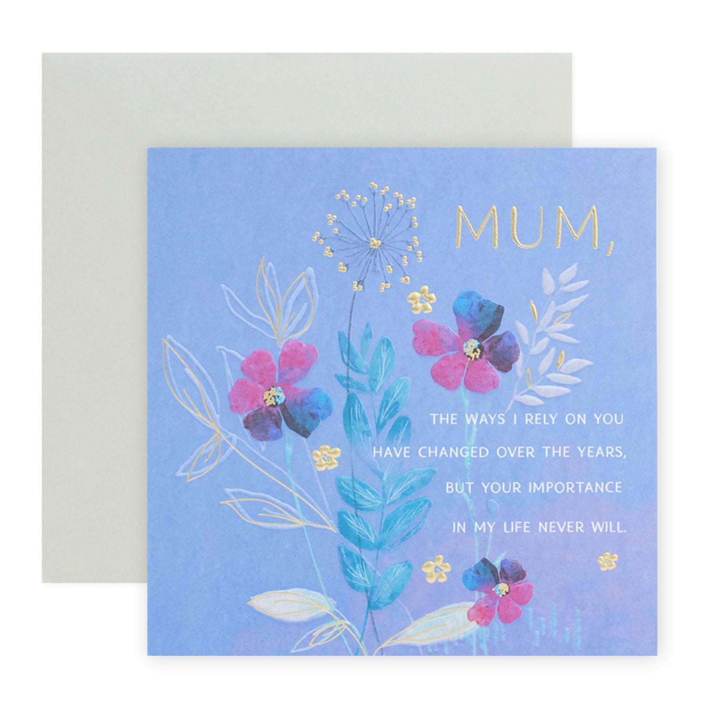 Hallmark Mother's Day Card - Still The One features a floral design with embossed elements and gold foil lettering, flat lay view.