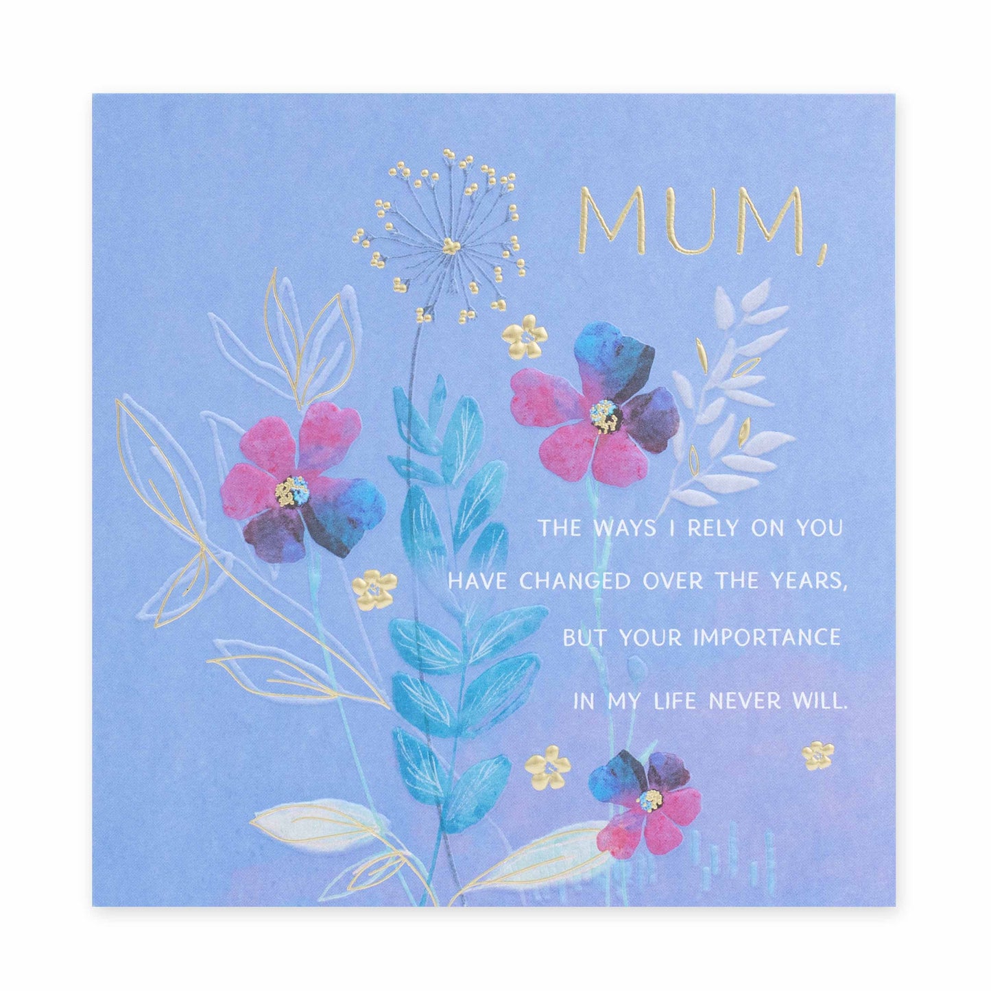 Hallmark Mother's Day Card - Still The One with embossed floral designs and gold foil on a blue background.