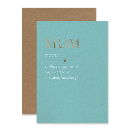 Hallmark Mother's Day Card - MUM in light blue with gold foil text definition, flat lay view on brown kraft background.
