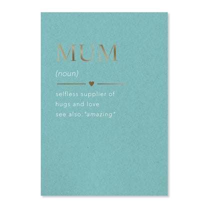 Hallmark Mother's Day Card - MUM in turquoise featuring gold foil text and a definition of Mum with playful details.