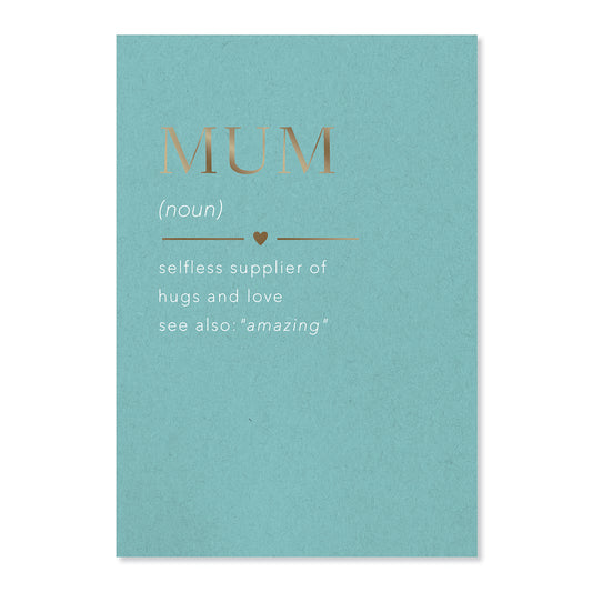 Hallmark Mother's Day Card - MUM in turquoise featuring gold foil text and a definition of Mum with playful details.