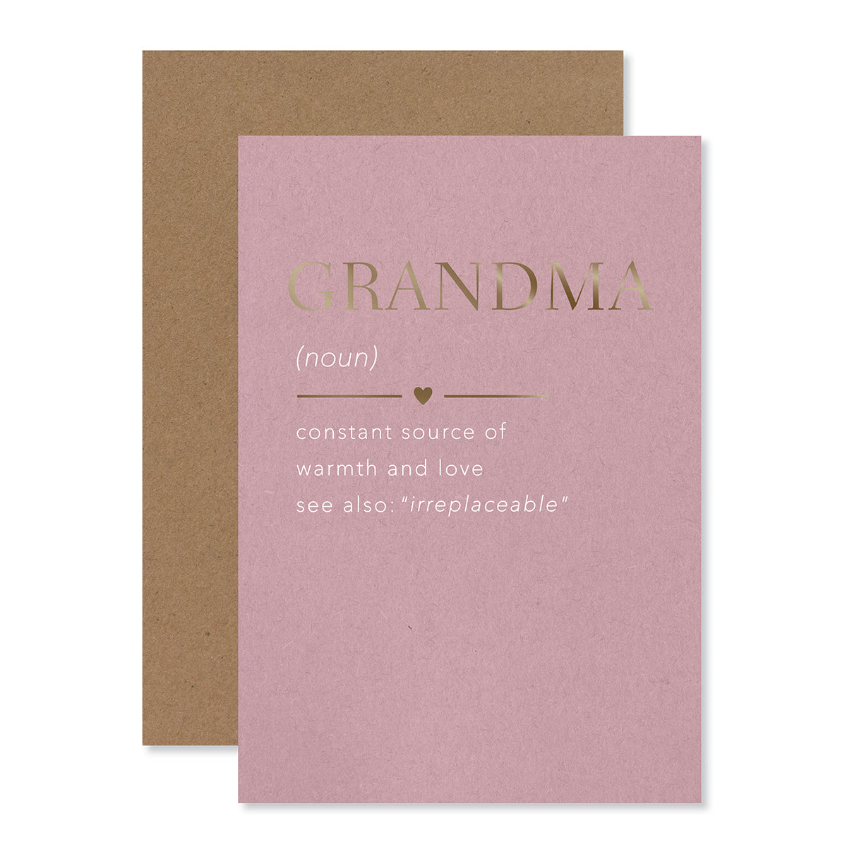 Hallmark Mother's Day Card - Grandma, pink with gold foil highlights, featuring a dictionary definition of Grandma, flat lay.