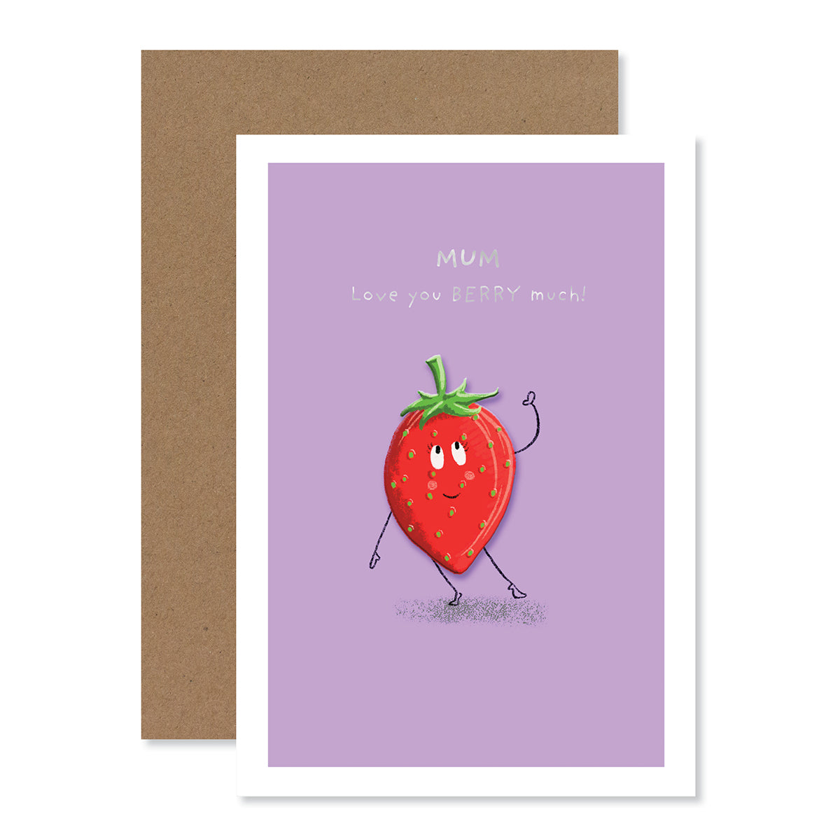 Hallmark Mother's Day Card - Mum, love you berry much with playful strawberry design and kraft envelope, flat lay view.