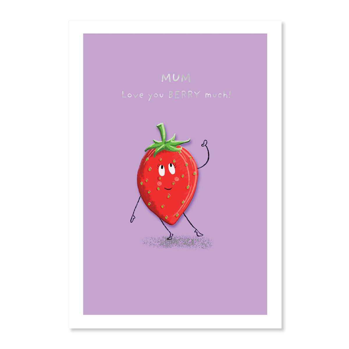 Hallmark Mother's Day Card - Mum, love you berry much with a cartoon strawberry on a purple background, flat lay view.