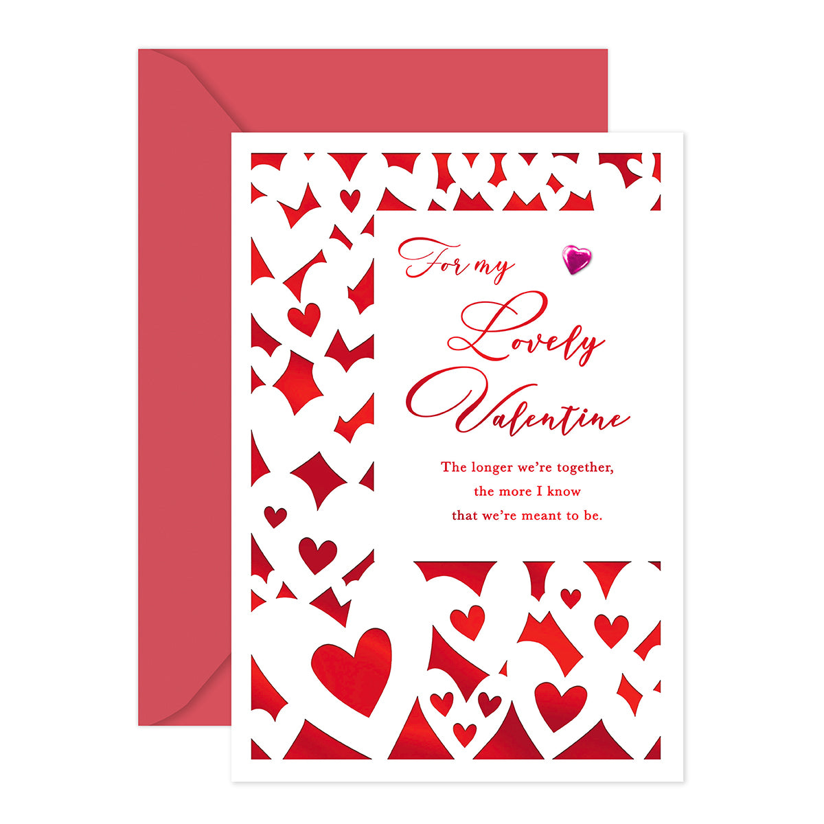 Hallmark Valentine's Day card - Meant To Be with red foil hearts, laser cut design, and pink foil love heart attachment in flat lay