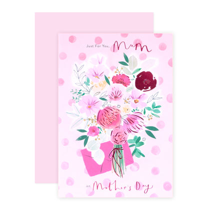 Hallmark Mother's Day Card - Floral Bouquet, pink card with floral illustration and 3D plaque, polka dot background.