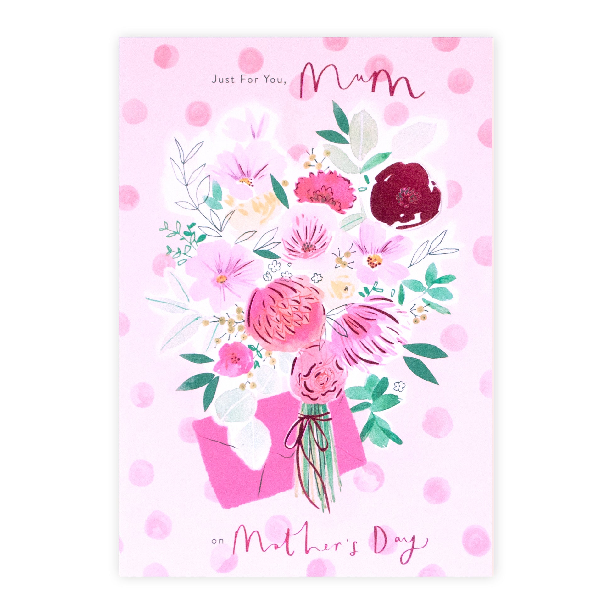 Hallmark Mother's Day Card - Floral Bouquet, colourful floral illustration on pink background, featuring 3D plaque detail and text.