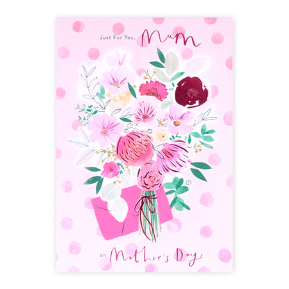 Hallmark Mother's Day Card - Floral Bouquet, colourful floral illustration on pink background, featuring 3D plaque detail and text.
