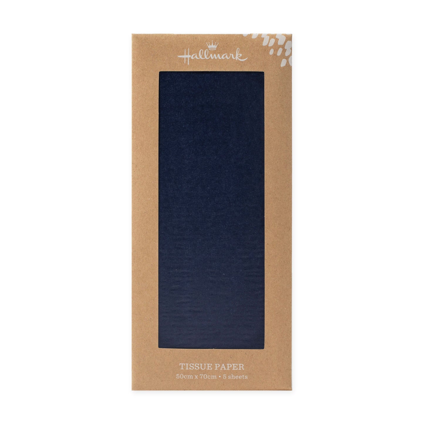 Hallmark 5 Pack Multi-Occasion Tissue Paper Sheet - Navy Blue in packaging, showcasing navy blue sheets, 70cm x 50cm size.