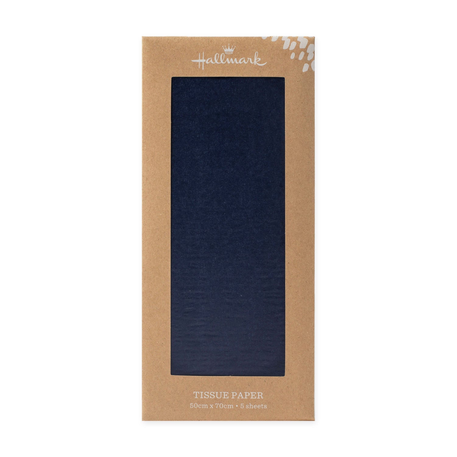 Hallmark 5 Pack Multi-Occasion Tissue Paper Sheet - Navy Blue in packaging, showcasing navy blue sheets, 70cm x 50cm size.