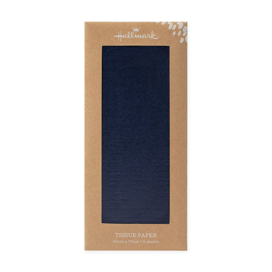 Hallmark 5 Pack Multi-Occasion Tissue Paper Sheet - Navy Blue in packaging, showcasing navy blue sheets, 70cm x 50cm size.