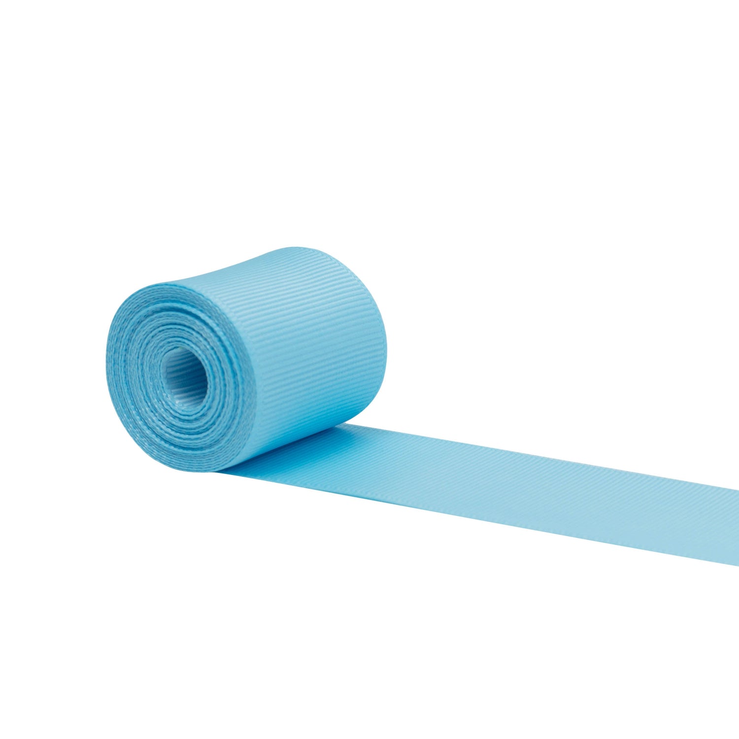 Hallmark Baby Blue Grosgrain Ribbon - 2m showcasing a textured finish and pastel blue hue on a roll with ribbon extending.