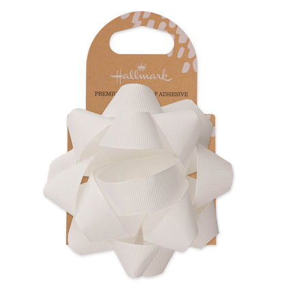 Hallmark Premium Fabric Bow - White in textured grosgrain ribbon, 10cm diameter, displayed on packaging with handle.