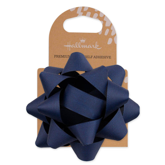 Hallmark Premium Fabric Bow - Navy Blue with textured gross grain ribbon, displayed from the front with packaging.