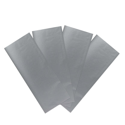 Hallmark 4 Pack Multi-Occasion Tissue Paper Sheet - Silver, metallic silver sheets arranged in a flat lay, ideal for gifting.