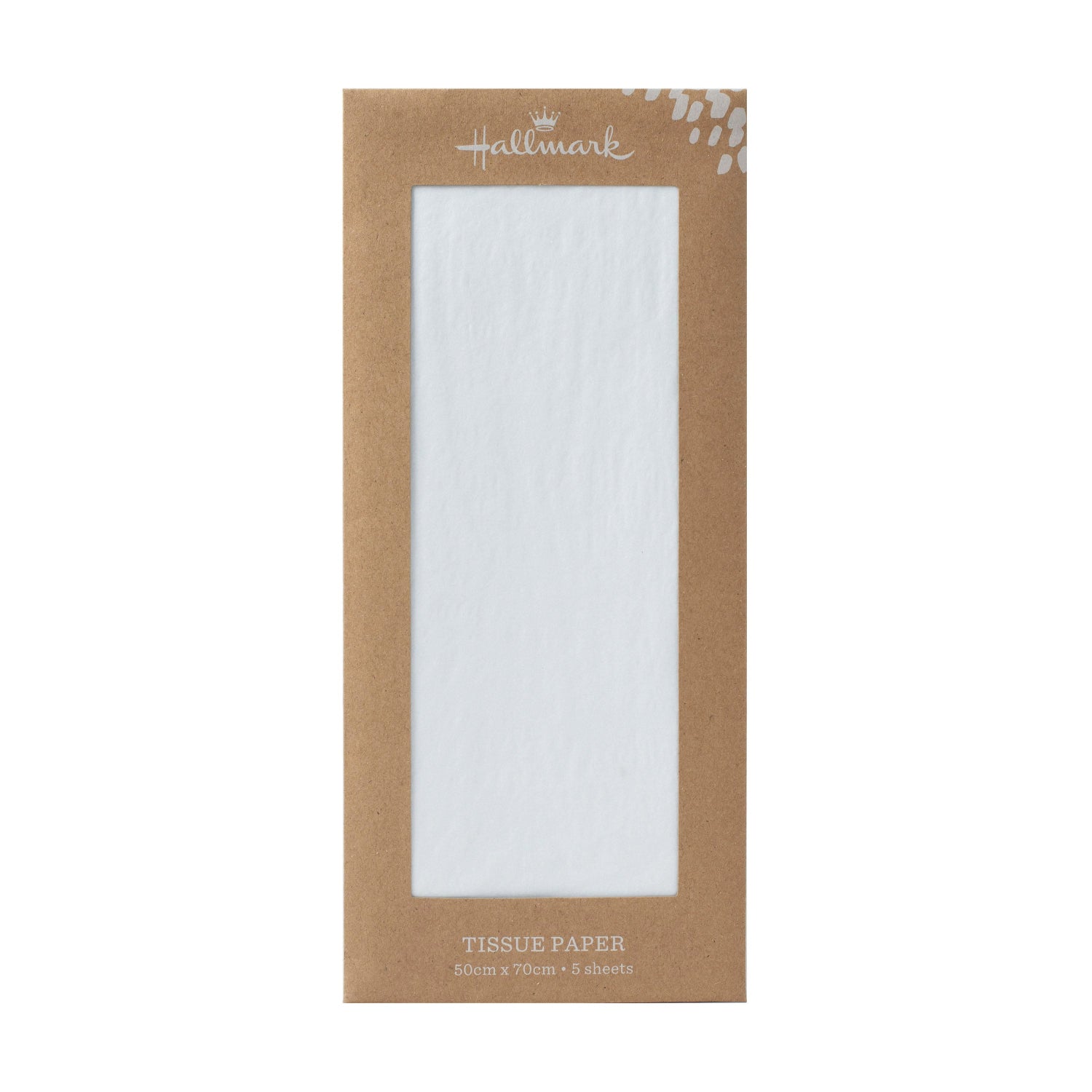 Hallmark 5 Pack Multi-Occasion Tissue Paper Sheet - White in packaging, featuring 5 lightweight sheets, each 70cm x 50cm.