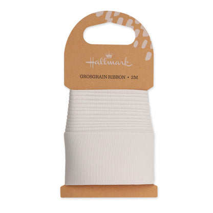 Hallmark White Grosgrain Ribbon - 2m on recyclable kraft card with textured finish and crisp white colour.