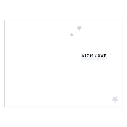 Hallmark Father's Day Card - With Love inside view showing message 'WITH LOVE' and silver star illustrations on a white background.