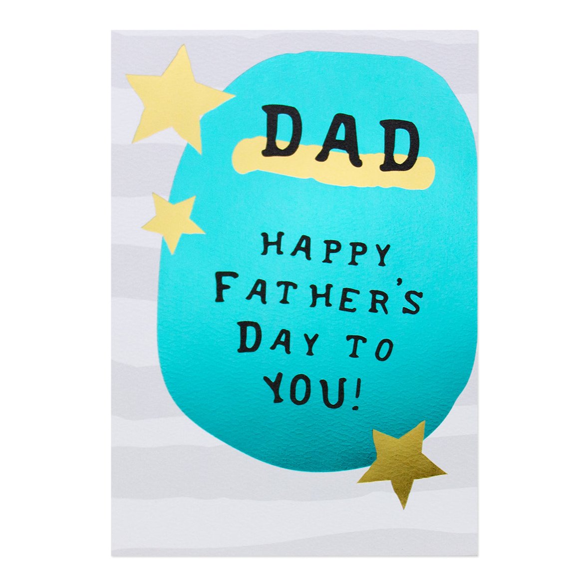 Hallmark Father's Day Card - With Love featuring teal background, gold foil stars, and black text saying "DAD HAPPY FATHER'S DAY TO YOU!"