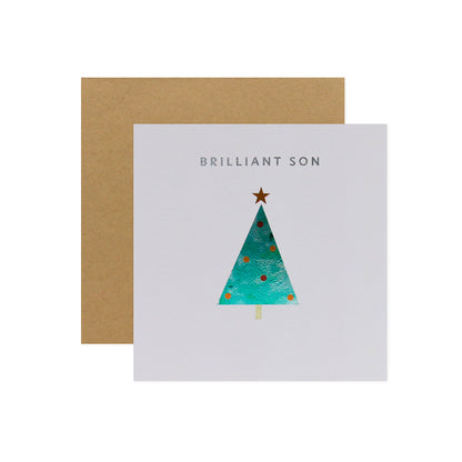 Hallmark Christmas card for son - enjoy every moment, featuring a foil-highlighted Christmas tree illustration and kraft envelope.