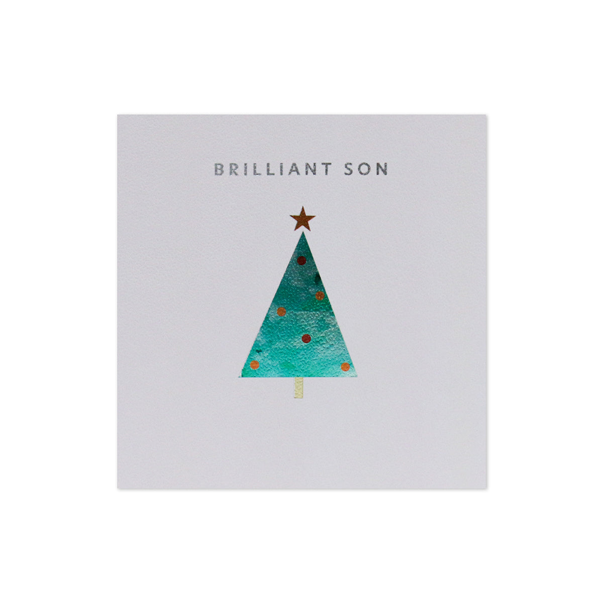 Hallmark Christmas Card For Son - Enjoy Every Moment, festive design, foil highlights, featuring a turquoise Christmas tree illustration.