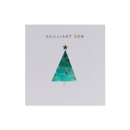 Hallmark Christmas Card For Son - Enjoy Every Moment, festive design, foil highlights, featuring a turquoise Christmas tree illustration.