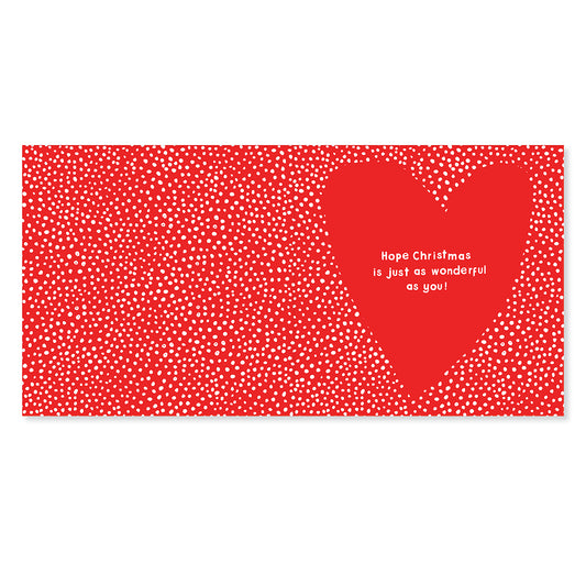 Hallmark Christmas card for daughter - Lots of Love, vibrant red background with heart shape and white dots, heartfelt message inside.
