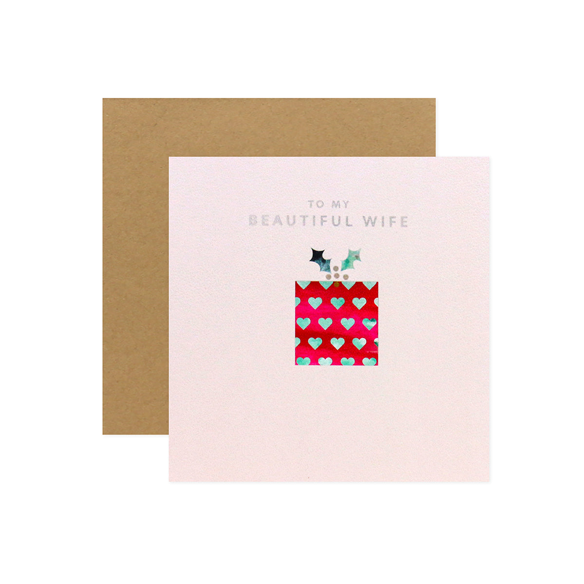 Hallmark Christmas card for wife - All My Love Always with foil highlights and gift illustration, flat lay presentation.