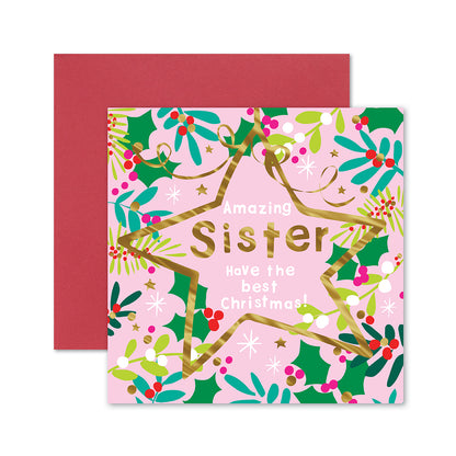 Hallmark Christmas card for sister - Amazing Wish with colourful holly illustrations and gold foil star design.