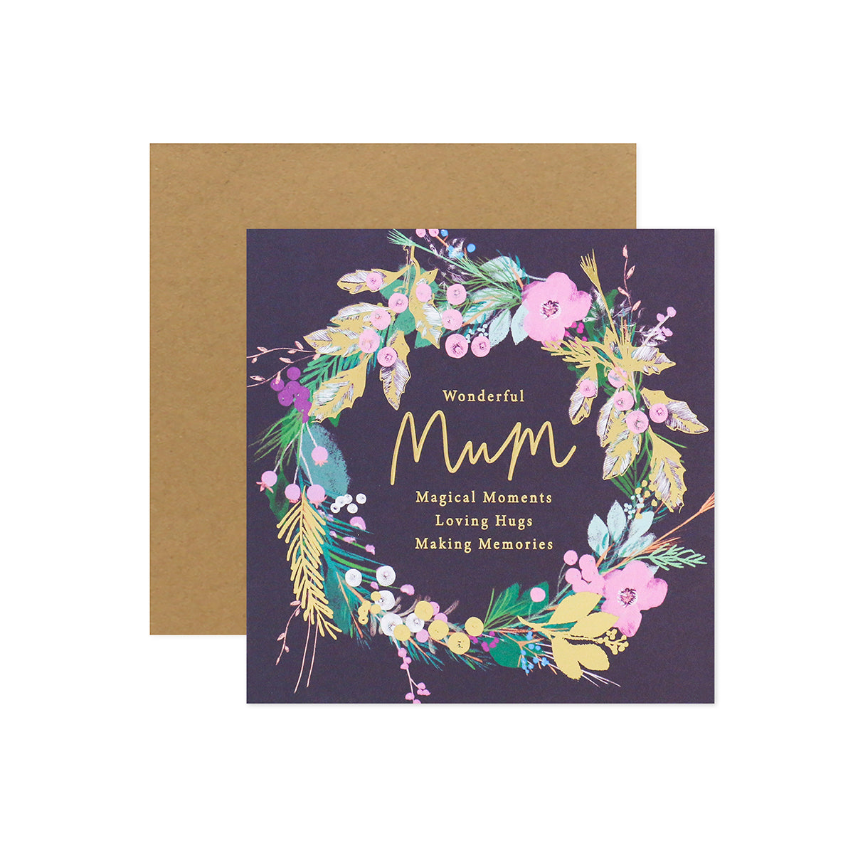 Hallmark Christmas card for Mum - Magical Moments featuring an embossed floral wreath design with gold foil highlights in flat lay view.