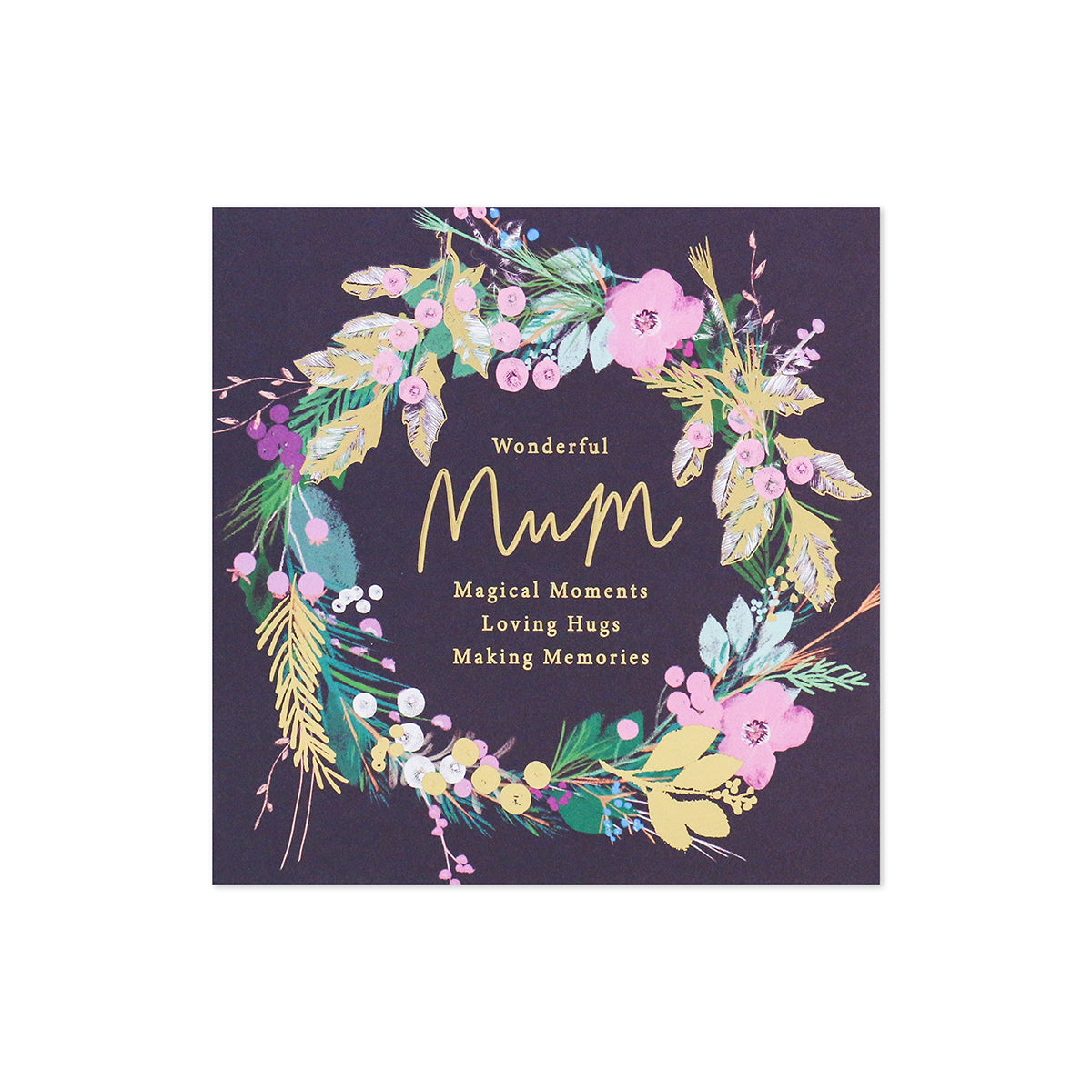 Hallmark Christmas Card For Mum - Magical Moments with floral wreath illustration and gold foil text on a dark background