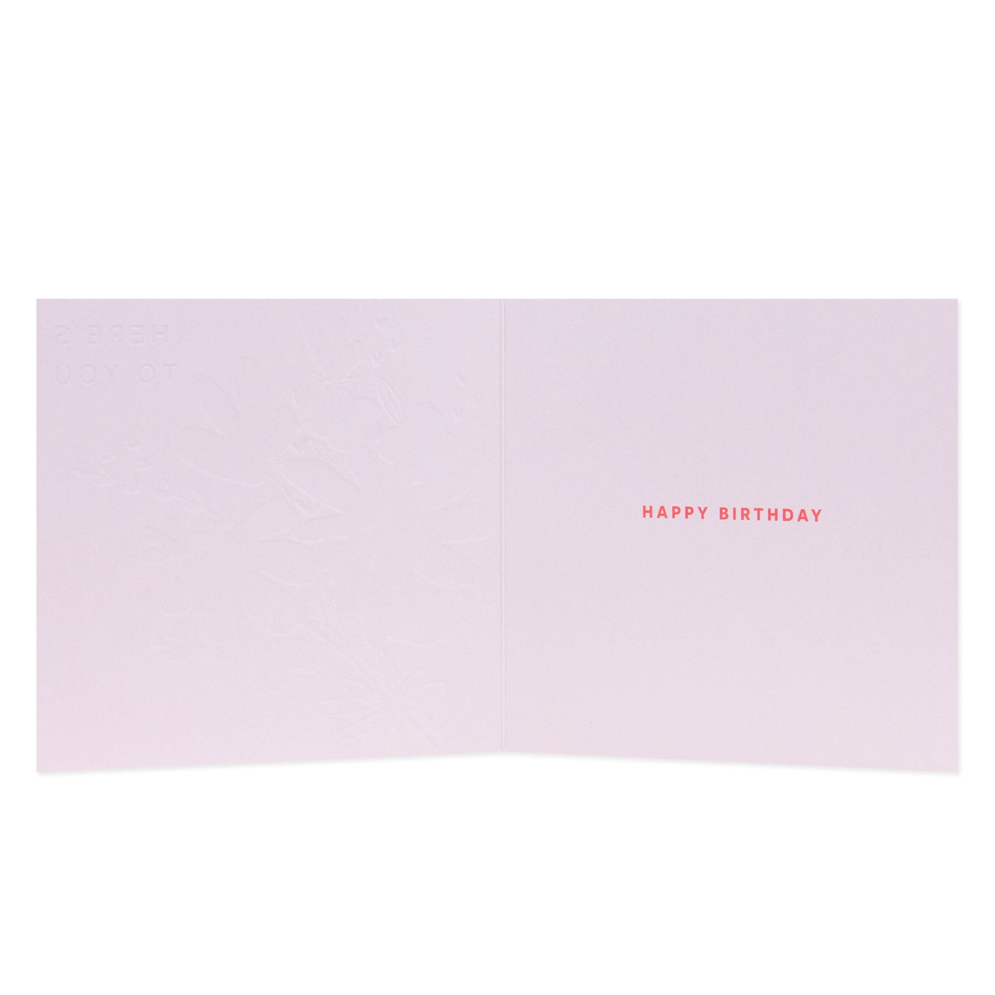 Hallmark Floral Birthday Card inside view with embossed design and bright red 'Happy Birthday' text on pale pink background.